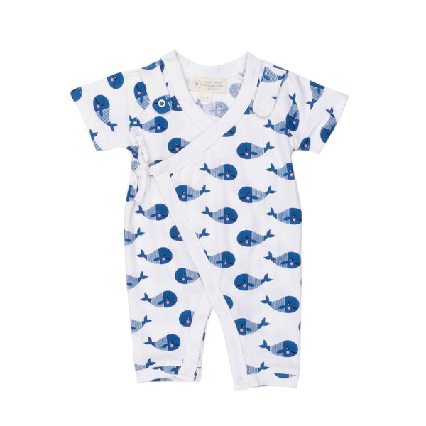 Smart Short Sleeve Kimono Romper + Bib - Blue Whale